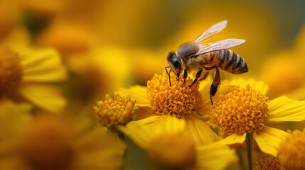 Bee collecting nectar from yellow flowers in nature close-up photography vibrant macro shot of pollination process
