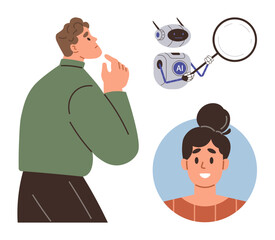 Man thinking as AI robot analyzes user profile with magnifying glass. Ideal for technology, AI, data analysis, user research, innovation, digital solutions, conceptual tech simple flat metaphor