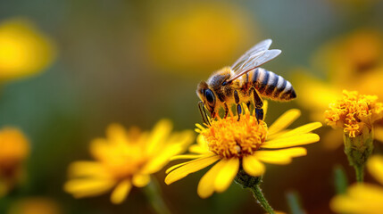 Bee collecting nectar flower field close-up photography natural environment macro view pollination process