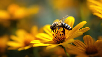 Bee collecting pollen from yellow flower nature close-up outdoor garden macro photography vibrant colors
