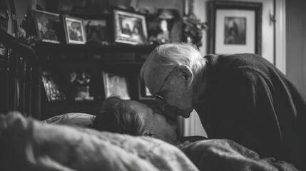 Emotional farewell embrace bedroom black and white photography intimate setting close-up perspective love and loss
