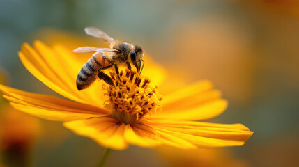 Bee collecting nectar from vibrant yellow flower in nature close-up shot of pollination process