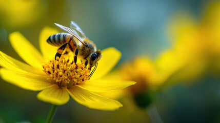 Bee collecting nectar from bright yellow flower in the garden nature photography close-up shot vibrant environment