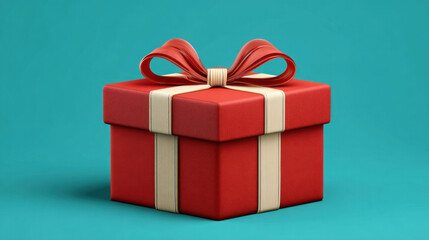 Obraz premium Red gift box with beige ribbon and bow on teal background, festive present wrapped for celebration or special occasion with elegant decoration and smooth texture