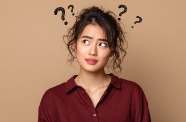 Young woman with curly hair wearing red shirt looking confused with question marks above her head on beige background expressing doubt and curiosity
