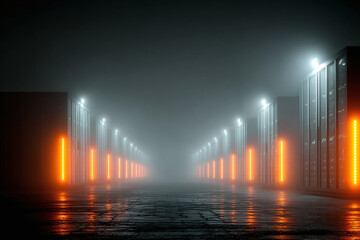 Mysterious Foggy Night, Urban Warehouse, Modern Architecture, Atmospheric Photo, Industrial Environment, Serene Viewpoint