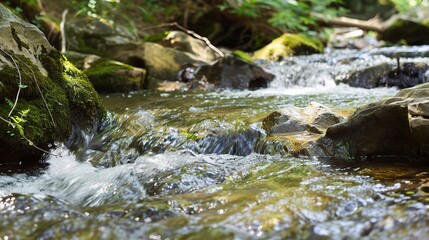 Clear stream flow with transparent water cascading over smooth pebbles and small stones, green aquatic plants swaying gently beneath the surface, sunlight sparkling on the water, and moss-covered bank