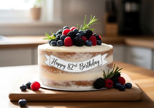 Charming naked cake adorned with fresh berries, rosemary, and a "Happy 82nd Birthday" banner.