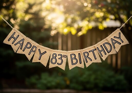 Rustic "Happy 83rd Birthday" burlap banner displayed outdoors against a softly blurred green background.