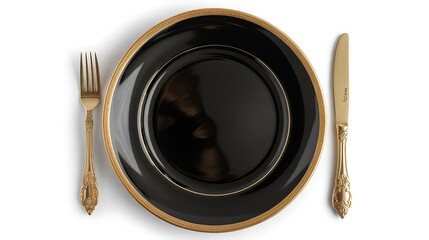 Black plate gold trim elegant dinnerware fork knife fine dining table setting