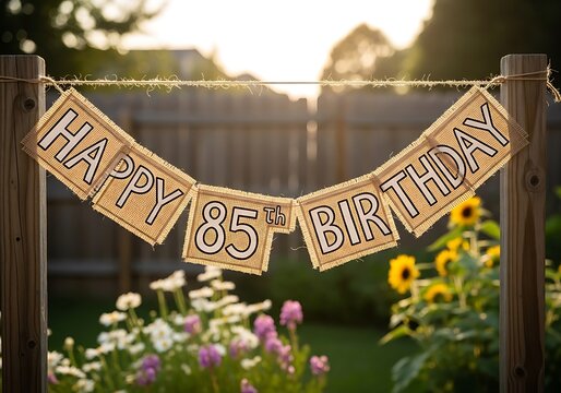 Festive "Happy 85th Birthday" burlap banner in a sunny outdoor garden with sunflowers and various plants in the background