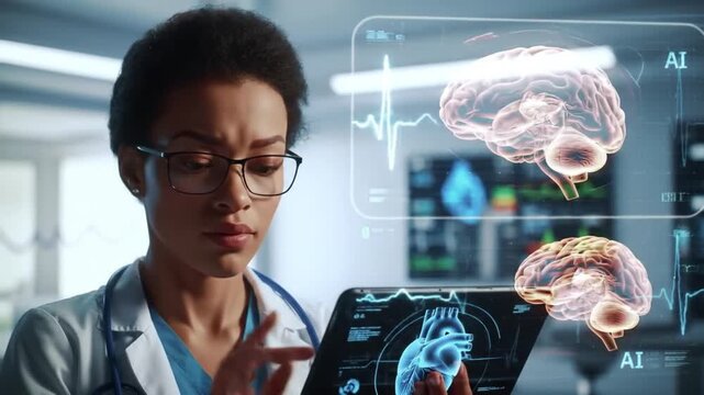 African American Doctor Using AI Medical Technology for Advanced Diagnosis with Holographic Organs