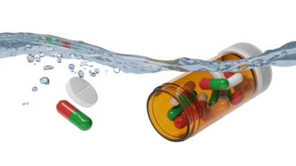 Pill Bottle and Medication Floating in Clear Water.

