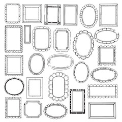 Hand-drawn frames vector. Doodle square and circle borders, simple vintage picture frames, and scrapbook photo decorations. Sketch-style vignettes, scribble stroke mirrors, and decorative photo frames