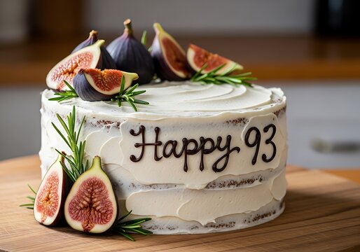 Elegant 93rd birthday naked cake with white frosting, decorated with fresh figs, rosemary sprigs, and "Happy 93" chocolate lettering