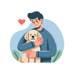 Illustration of Man Embracing a Dog with Love Heart on White Background