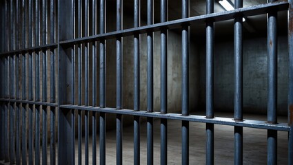 Dimly lit empty prison cell featuring cold steel bars and concrete walls, illuminated by harsh artificial light, creating the stark and somber atmosphere from a close perspective