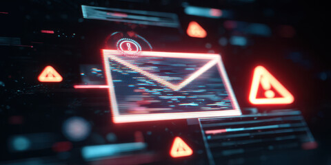 Phishing email concept with glowing digital envelope and warning signs, symbolizing cyber threat and online security risk in dark futuristic digital environment