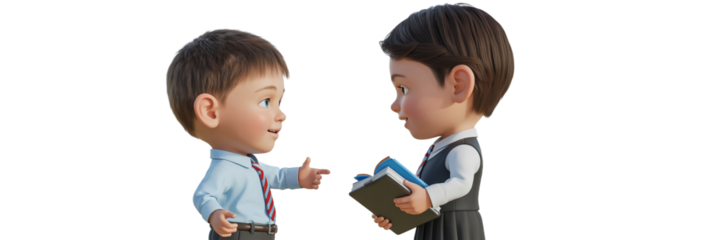 Cute 3D cartoon school children talking and sharing book


