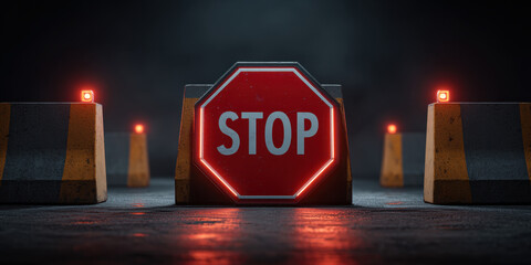 Stop sign with illuminated border and concrete barriers on dark road at night, creating dramatic and cautionary atmosphere