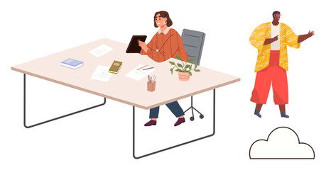 A professional reviewing a tablet at their desk, colleague presenting ideas. Scene includes documents, plant, cloud icon. Ideal for teamwork, communication, creativity, remote work innovation