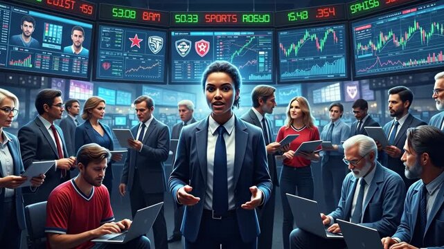 Confident businesswoman leading a sports market analysis team - A diverse group of professionals, including a confident businesswoman at the forefront, work collaboratively within a dynamic sports - Powered by Adobe
