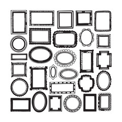 Hand-drawn frames vector. Doodle square and circle borders, simple vintage picture frames, and scrapbook photo decorations. Sketch-style vignettes, scribble stroke mirrors, and decorative photo frames