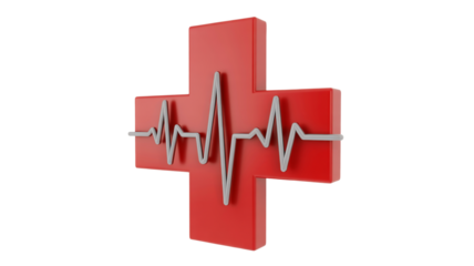 3D red cross symbol with heart rate pulse line.

