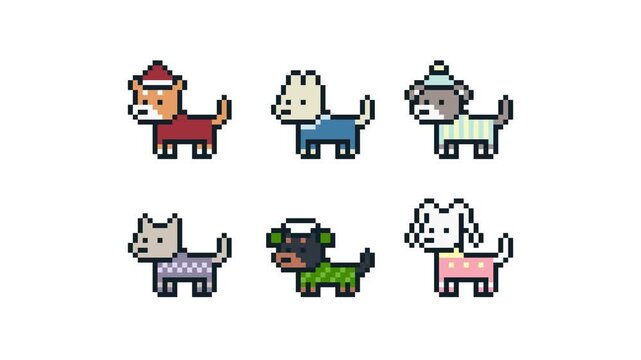 8-bit pixel art 6 dogs in a winter cloth idle together. looped animation 4k 30fps