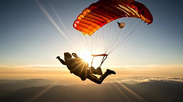 Skydiver Soaring at Sunset - A silhouetted skydiver descends under a vibrant parachute, the sun's rays creating a dramatic backlight against a mountain range and cloudy sky.