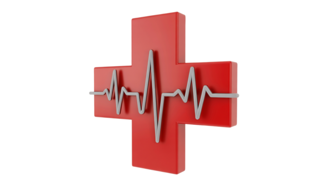 3D red cross symbol with heart rate pulse line.