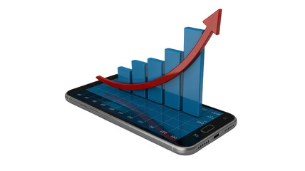 3D smartphone with growing bar chart and red arrow concept.

