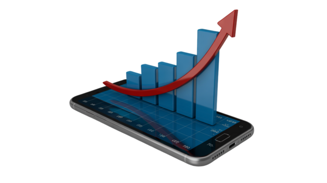 3D smartphone with growing bar chart and red arrow concept.

