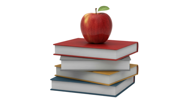 Red apple on top of stack of colorful books.