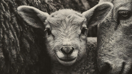 Fototapeta premium An old photograph of a lamb innocently peeking out from behind its mother (2)