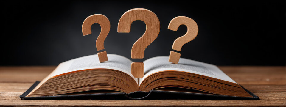 Open book with three wooden question marks standing on pages on wooden table, symbolizing curiosity and inquiry in learning or reading
