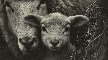 Fototapeta premium An old photograph of a lamb innocently peeking out from behind its mother
