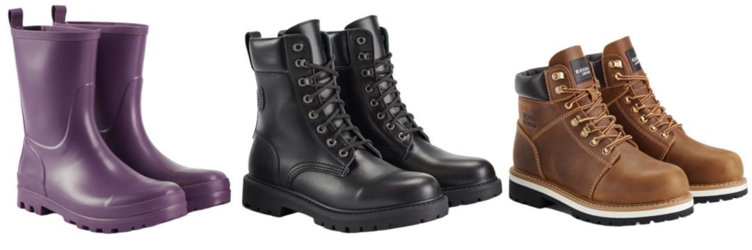 Three pairs of different style boots on isolated white background.

