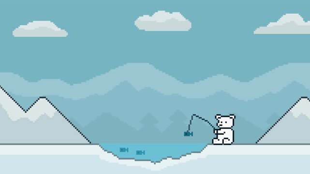 8-bit pixel art fishing polar bear. looped animation 4k 30fps