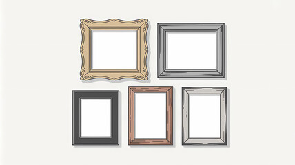 Flat illustration of five assorted picture frames in various styles arranged on a clean white background