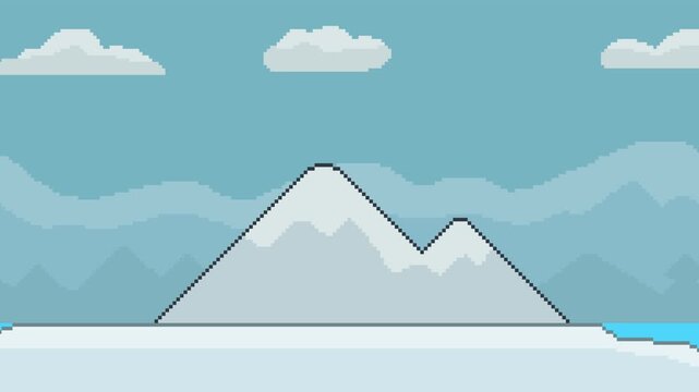 8-bit pixel art arctic landscape with mountains and ice. looped animation 4k 30fps  