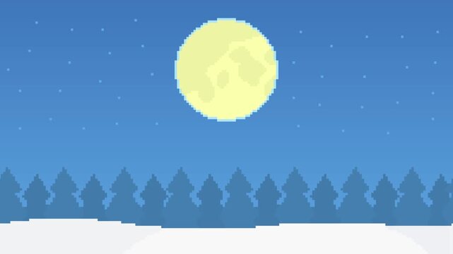 8-bit pixel art blue winter night sky with a bright starlight, full moon and a christmas background full of trees. looped animation 4k 30fps