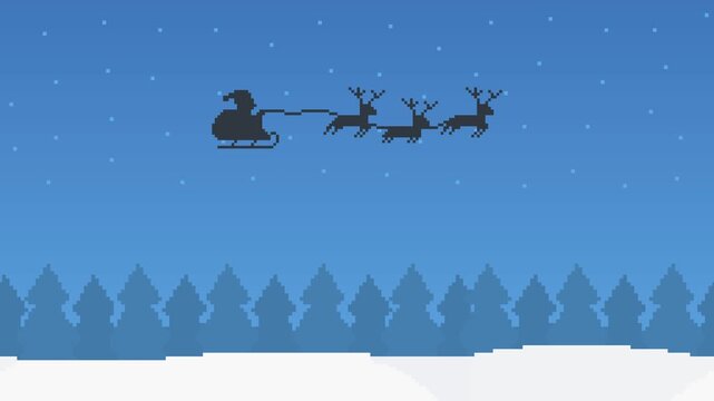 8-bit pixel art christmas background with silhouette of santa and rudolph. looped animation 4k 30fps