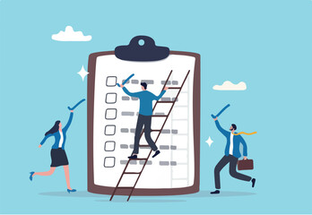 Finishing todo list, work checklist or accomplishment, project management, teamwork to get work done, complete plan concept, businessman coworkers help put checkmark on checkbox task list clipboard.