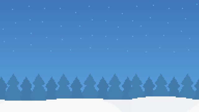 8-bit pixel art blue winter night sky with a bright starlight and a christmas background full of trees. looped animation 4k 30fps