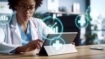 Female Doctor Using Tablet with Holographic Medical Data and Healthcare Icons in Modern Office - Powered by Adobe