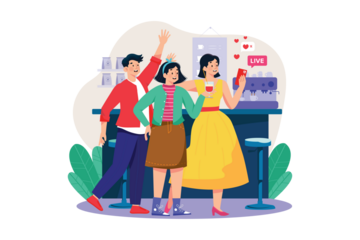 Three People in Casual Outfits Celebrating at a Bar with Blue Counter and Drink Transparent Background