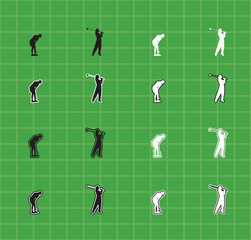 Collection silhouette icon of golfer playing golf sport icon set striking swinging