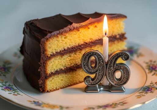 Delicious slice of 96th birthday yellow cake with chocolate frosting and a lit candle, served on a vintage plate.