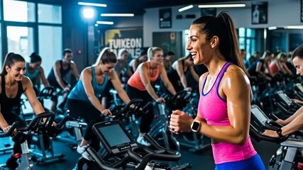 Energetic Spin Class Instructor Motivating Fitness Group - A female spin instructor enthusiastically leads a high-energy fitness class, motivating a diverse group of participants during an intense - Powered by Adobe